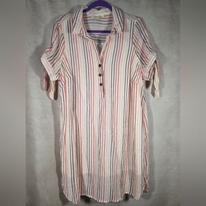 Indigo Rose Striped Button-Front Shirt Dress in White with Red & Navy Stripes.
